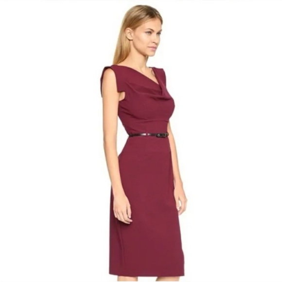 Black Halo Burgundy Jackie O Pencil Skirt Belted Sheath Dress Size M - Picture 1 of 15